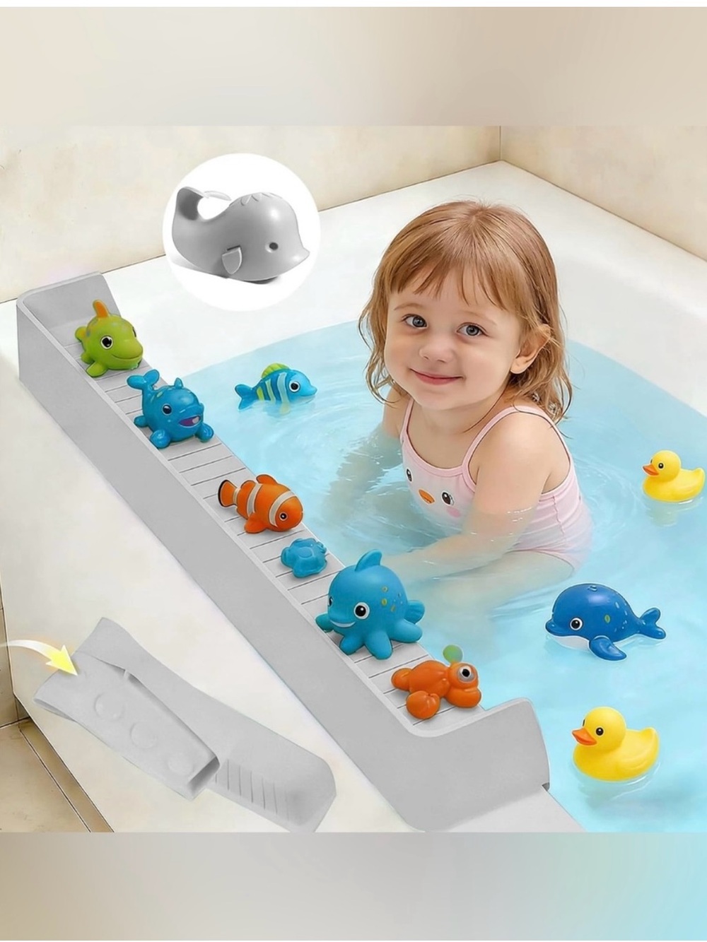 Bathtub Splash Guard Play Shelf 31” Gray 11 Suction Cups Kids Bath Water Stop